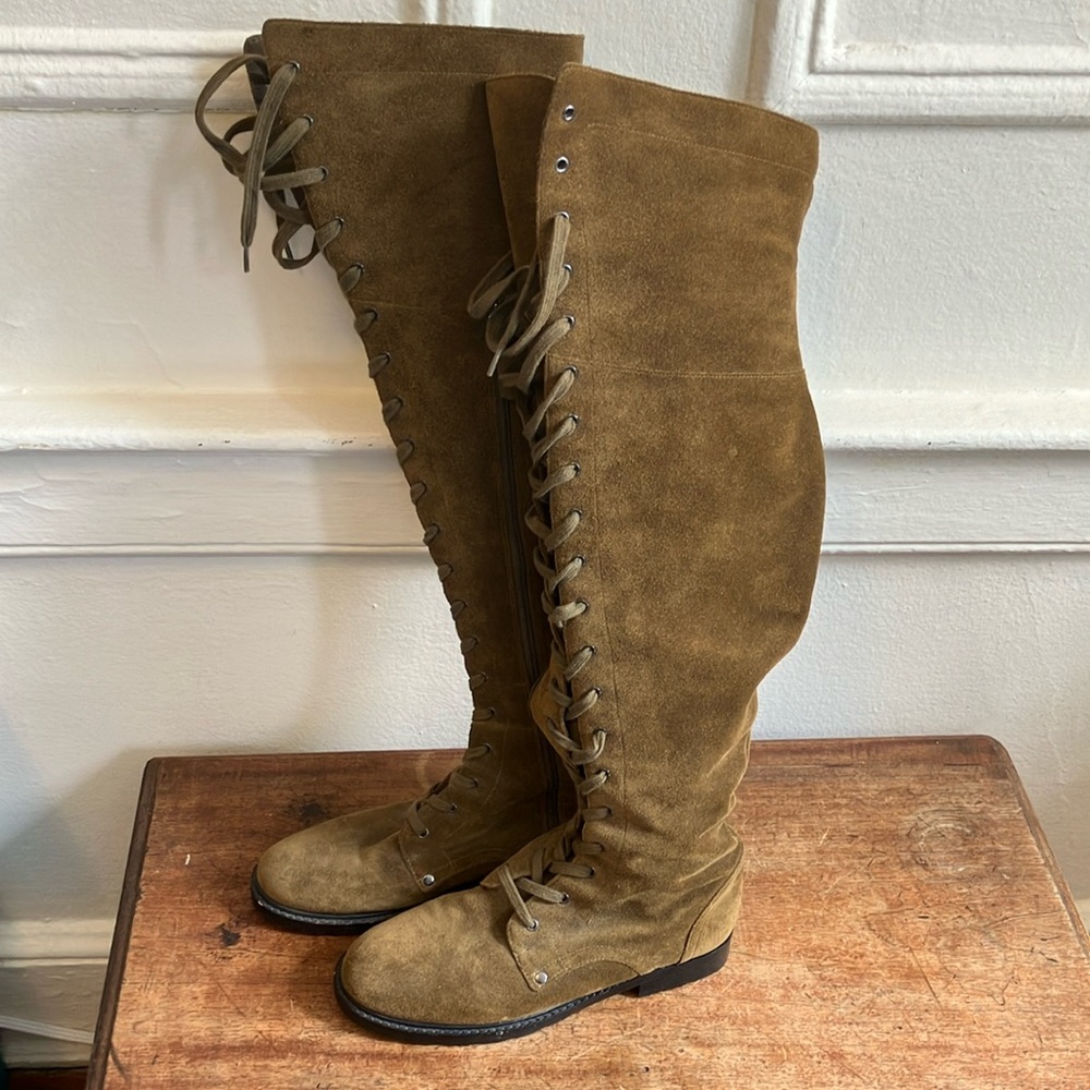 Via Spiga Tan/Moss Green Suede Over the Knee Lace-Up Boots